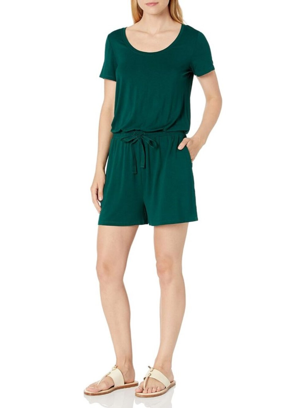 Women's Jade Green Casual Summer Short Sleeve Scoop Elastic Waist Neck Romper